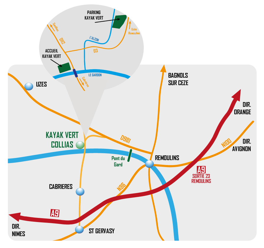 Plan d'accès Kayak Vert Pont du Gard Collias